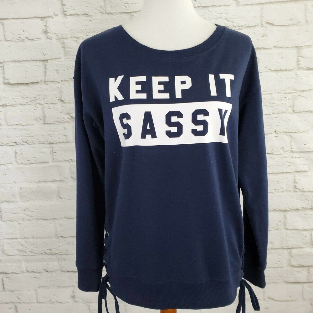 Fifth Sun Keep It Sassy Top L Large Blue White Spell Out Graphic Lace Up Sides